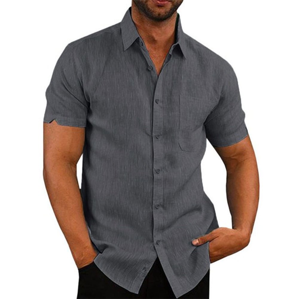 Cotton Linen Male Short-sleeved Shirts Summer Solid Color Turn-down Collar - Image 2