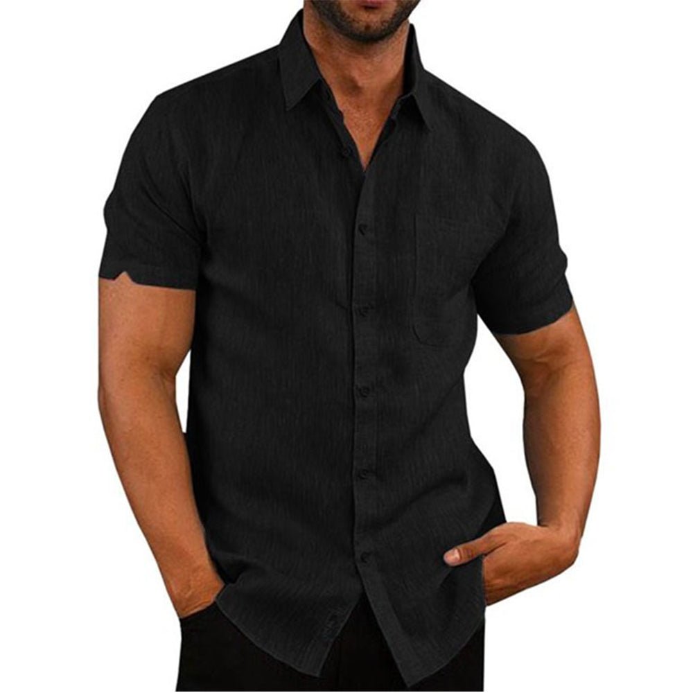 Cotton Linen Male Short-sleeved Shirts Summer Solid Color Turn-down Collar - Image 4