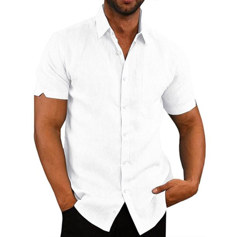Cotton Linen Male Short-sleeved Shirts Summer Solid Color Turn-down Collar - Image 5