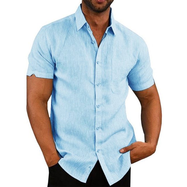 Cotton Linen Male Short-sleeved Shirts Summer Solid Color Turn-down Collar - Image 8
