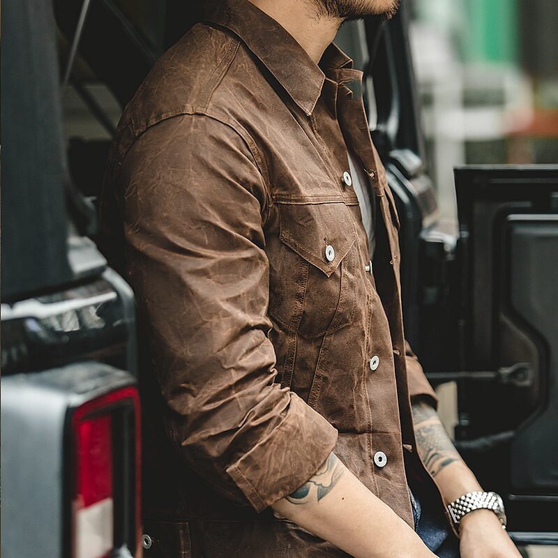 Retro Male Oil Waxed Canvas Coats Cotton Jacket - Image 4