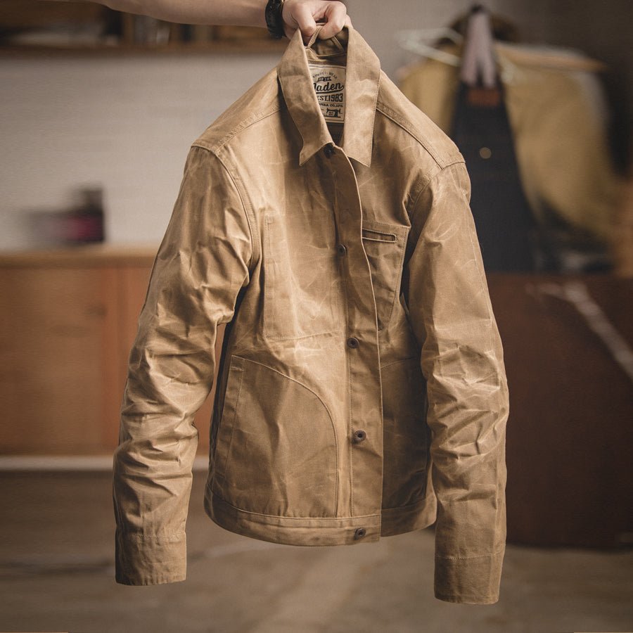 Canvas Oil Wax Men Jackets Khaki Retro Multi-pocket - Image 3