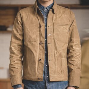 Canvas Oil Wax Men Jackets Khaki Retro Multi-pocket
