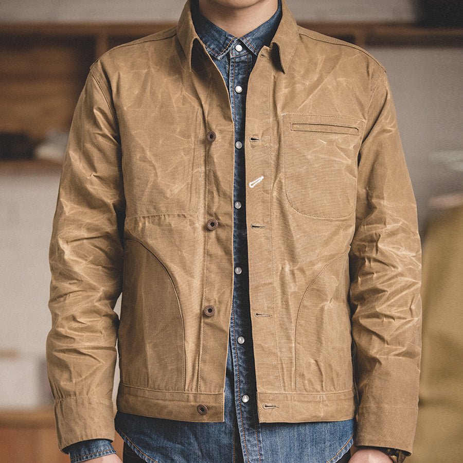 Canvas Oil Wax Men Jackets Khaki Retro Multi-pocket