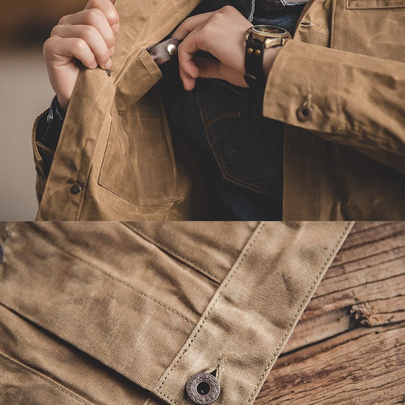 Canvas Oil Wax Men Jackets Khaki Retro Multi-pocket - Image 9