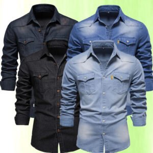 Cotton Denim Shirt Men Long Sleeve