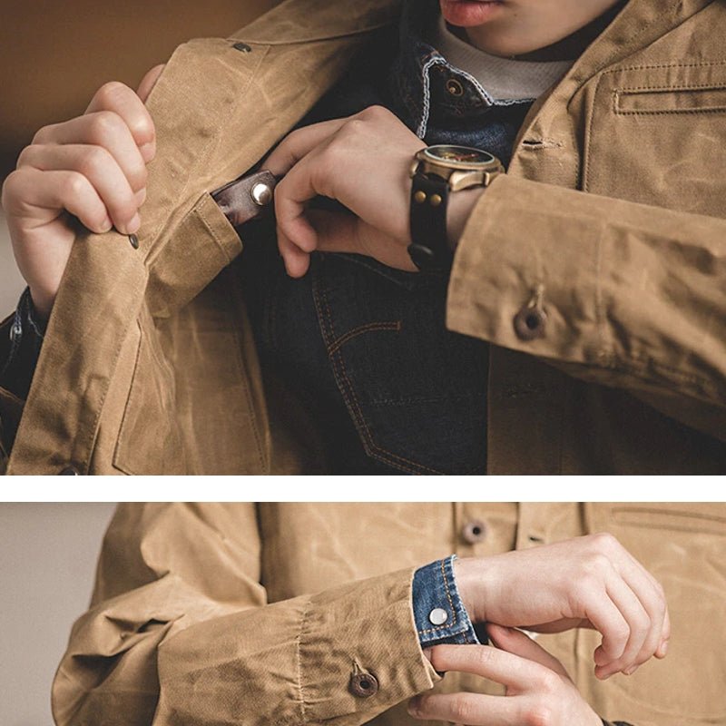 Canvas Oil Wax Men Jackets Khaki Retro Multi-pocket - Image 4