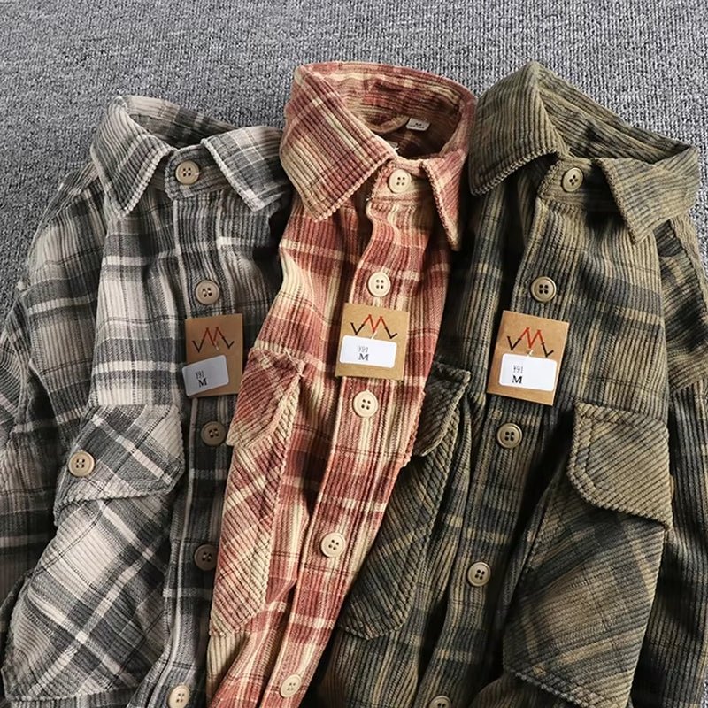 Plaid Woven Corduroy Men Shirts - Image 7