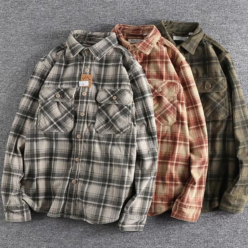 Plaid Woven Corduroy Men Shirts - Image 6
