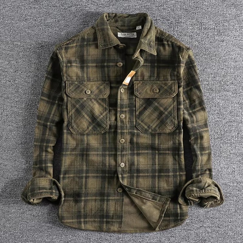 Plaid Woven Corduroy Men Shirts - Image 8