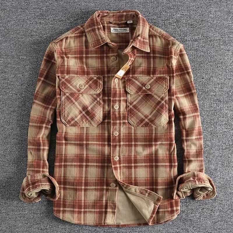 Plaid Woven Corduroy Men Shirts - Image 9