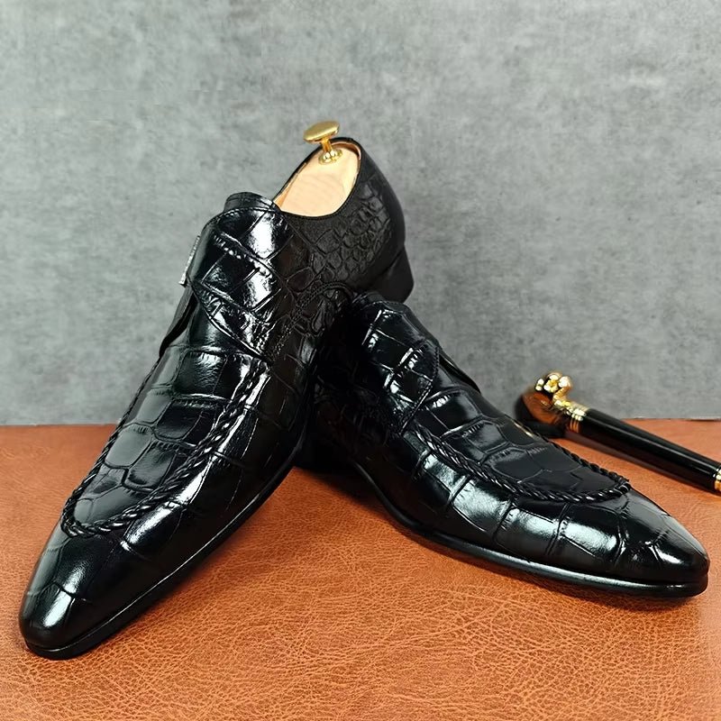Black Crocodile Print Woven Pattern Loafers - Image 3
