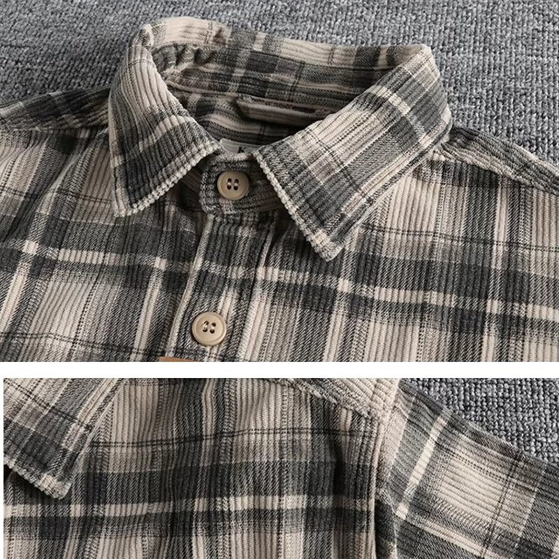 Plaid Woven Corduroy Men Shirts - Image 2