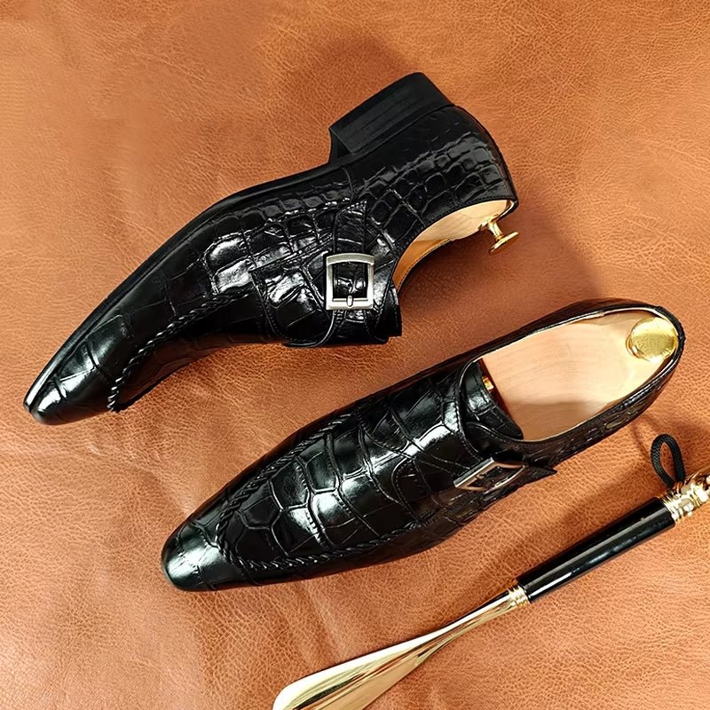 Black Crocodile Print Woven Pattern Loafers - Image 5