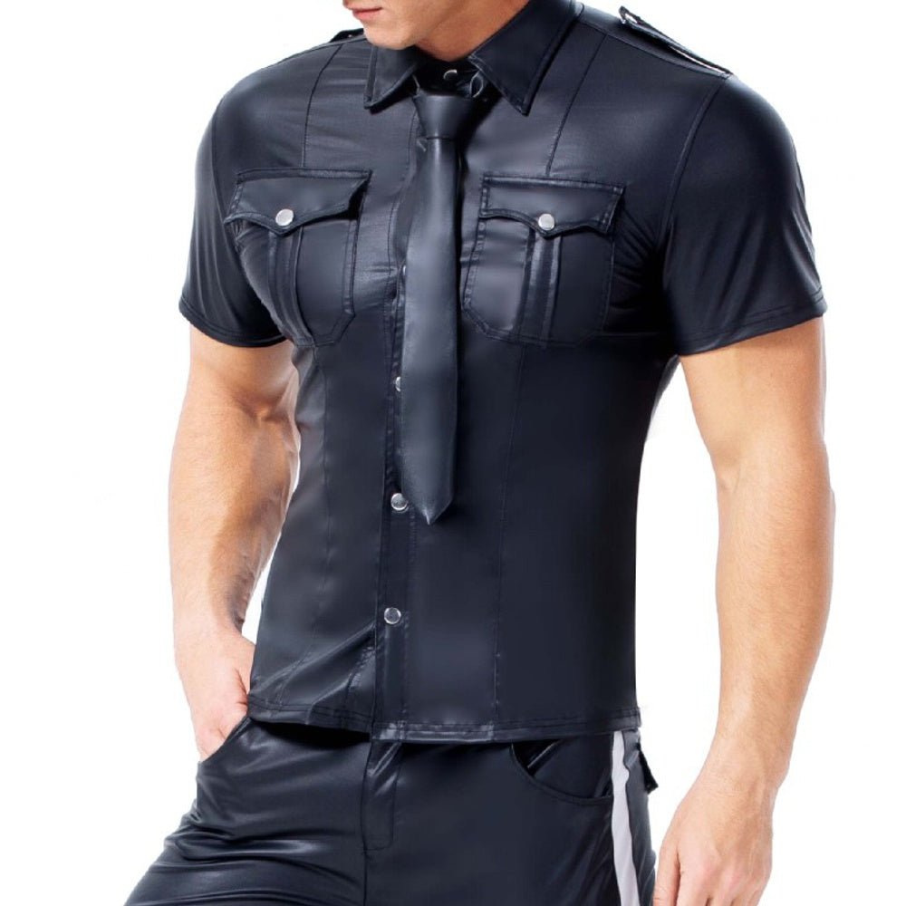 Men's PU Leather T-shirt | Turn-down Collar Button Tee Shirt - Image 8