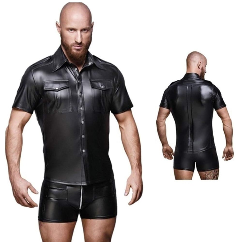 Men's PU Leather T-shirt | Turn-down Collar Button Tee Shirt - Image 6