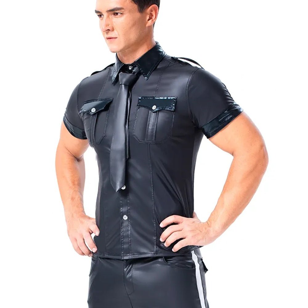 Men's PU Leather T-shirt | Turn-down Collar Button Tee Shirt - Image 7