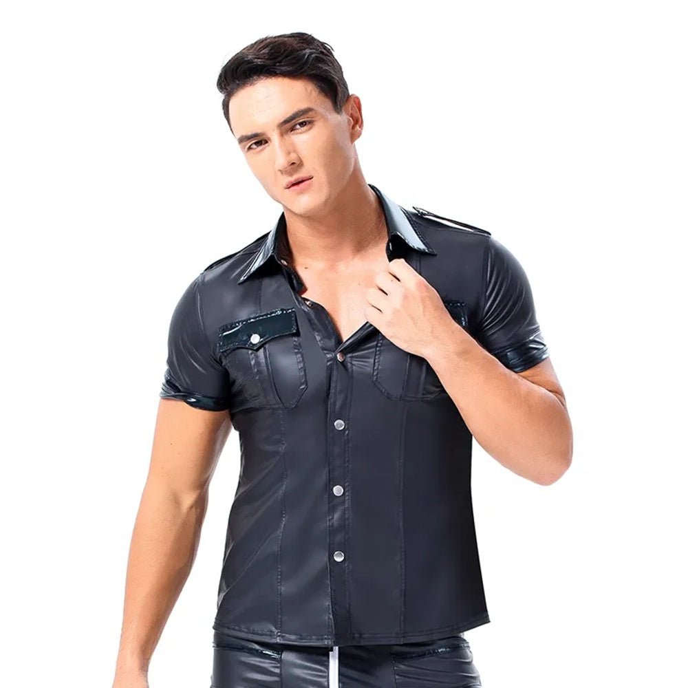 Men's PU Leather T-shirt | Turn-down Collar Button Tee Shirt - Image 2