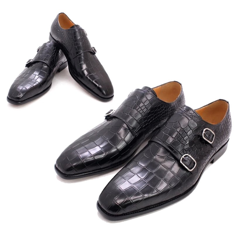 Genuine Leather Luxury Crocodile Print Double Buckle Pointed Toe - Image 3