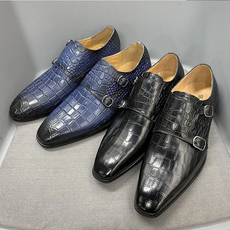 Genuine Leather Luxury Crocodile Print Double Buckle Pointed Toe - Image 2