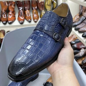 Genuine Leather Luxury Crocodile Print Double Buckle Pointed Toe