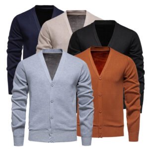 Classic V-neck Solid Color Cardigan Men Sweater