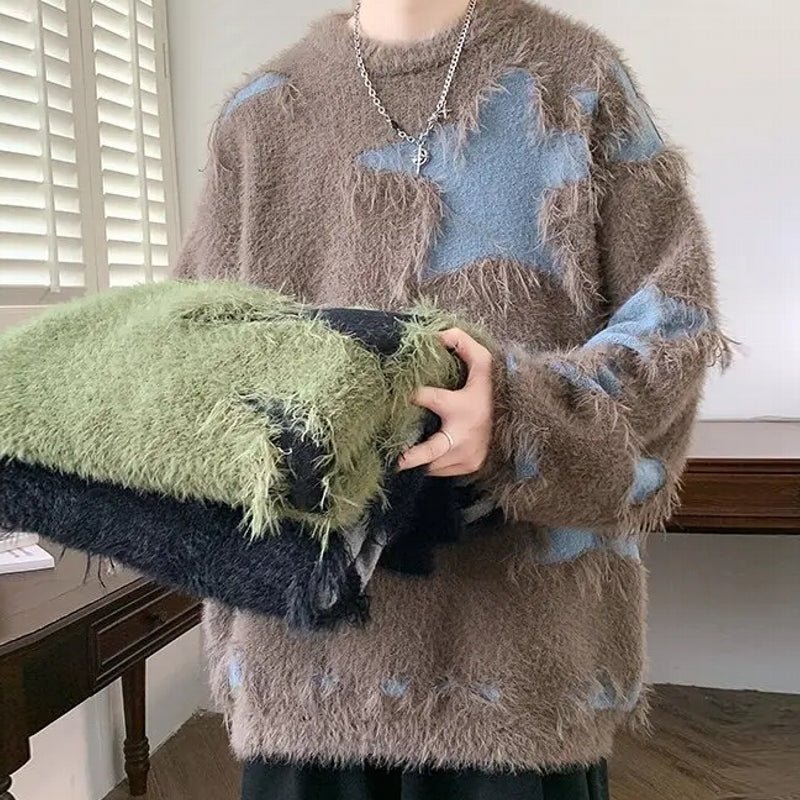 Ripped Sweater Men Loose Crew Neck Knit Bottom Shirt