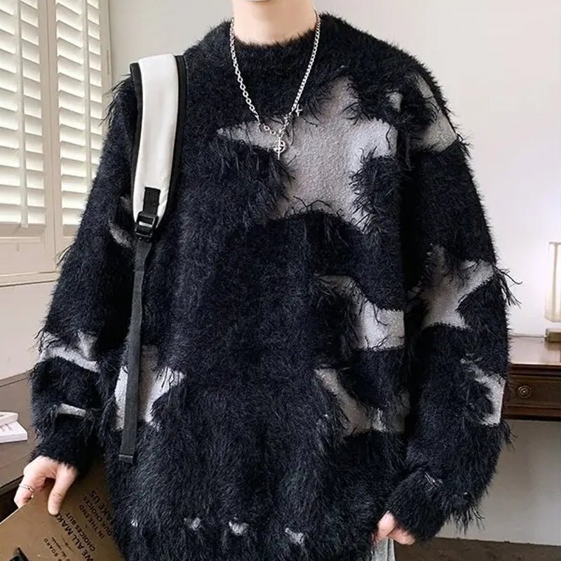Ripped Sweater Men Loose Crew Neck Knit Bottom Shirt - Image 3
