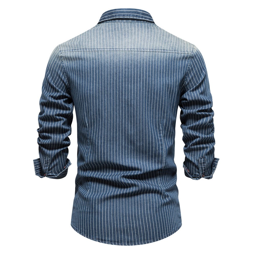 Cotton Men Denim Shirts Striped Stretch Long Sleeve - Image 3
