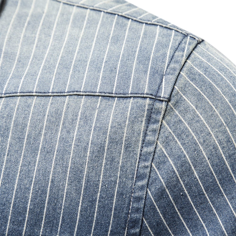 Cotton Men Denim Shirts Striped Stretch Long Sleeve - Image 4