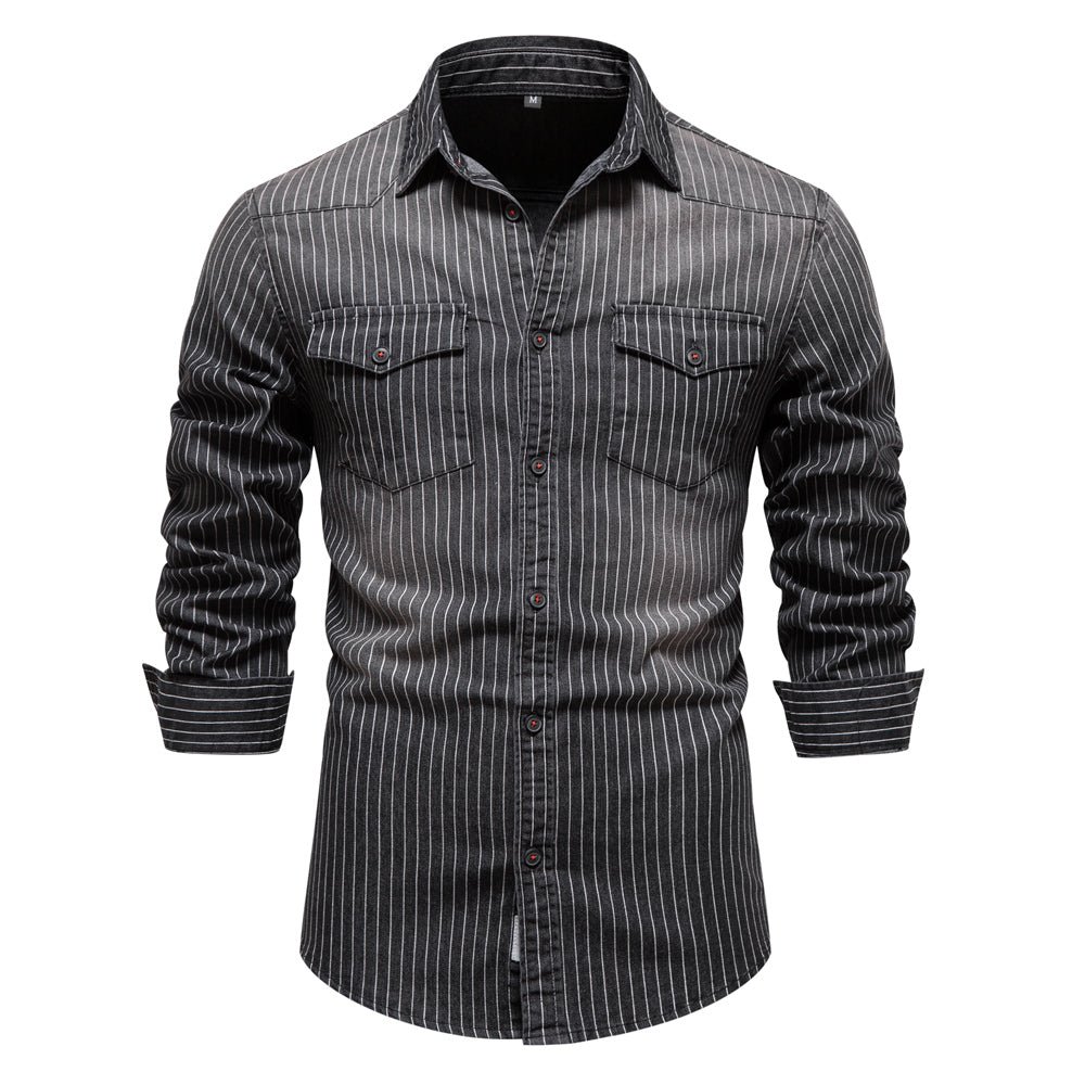 Cotton Men Denim Shirts Striped Stretch Long Sleeve - Image 2