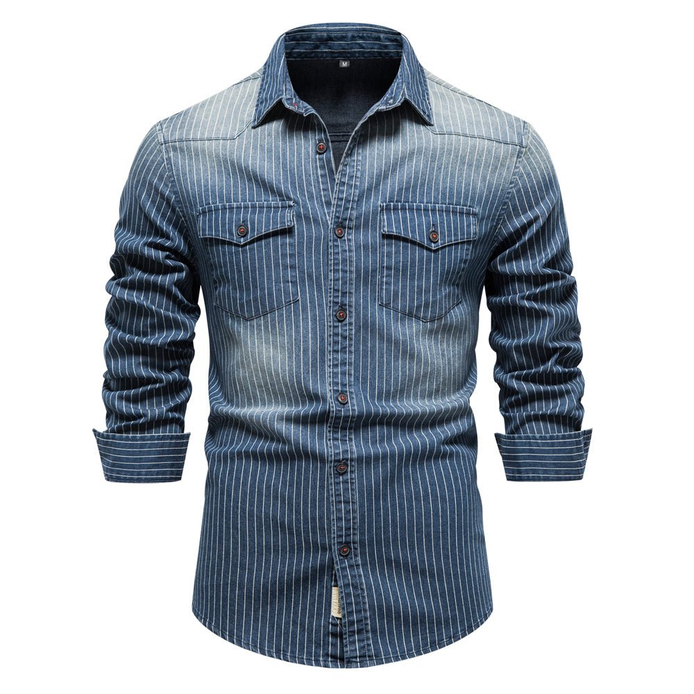 Cotton Men Denim Shirts Striped Stretch Long Sleeve - Image 6