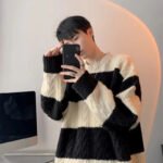 Fashion Knit Sweater O-Neck Patchwork Striped Tops