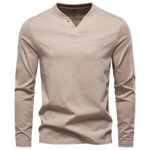 Fashion Pure Cotton Henley Collar Long T Shirt