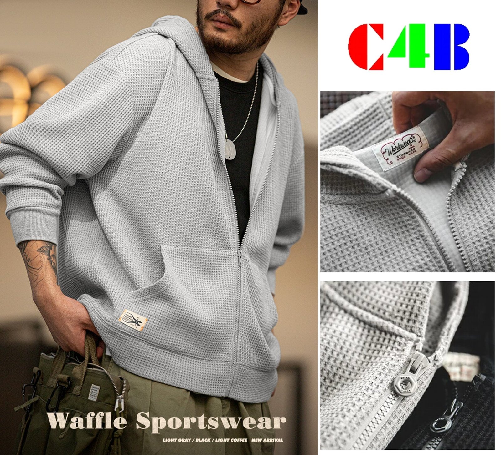 Vintage Gray Waffle Hoodies for Men Hooded Sweatshirts - Image 14