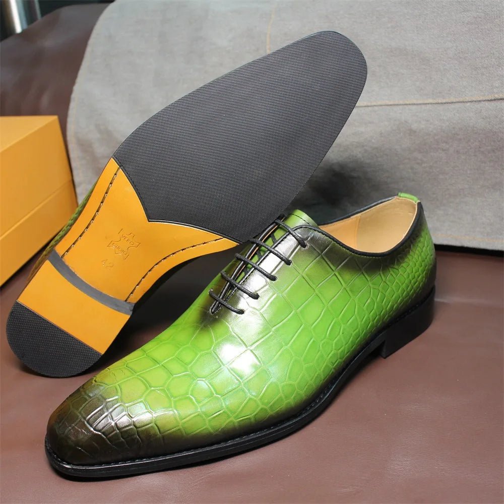 Men Genuine Cow Leather Green Dress Shoes Crocodile - Image 2