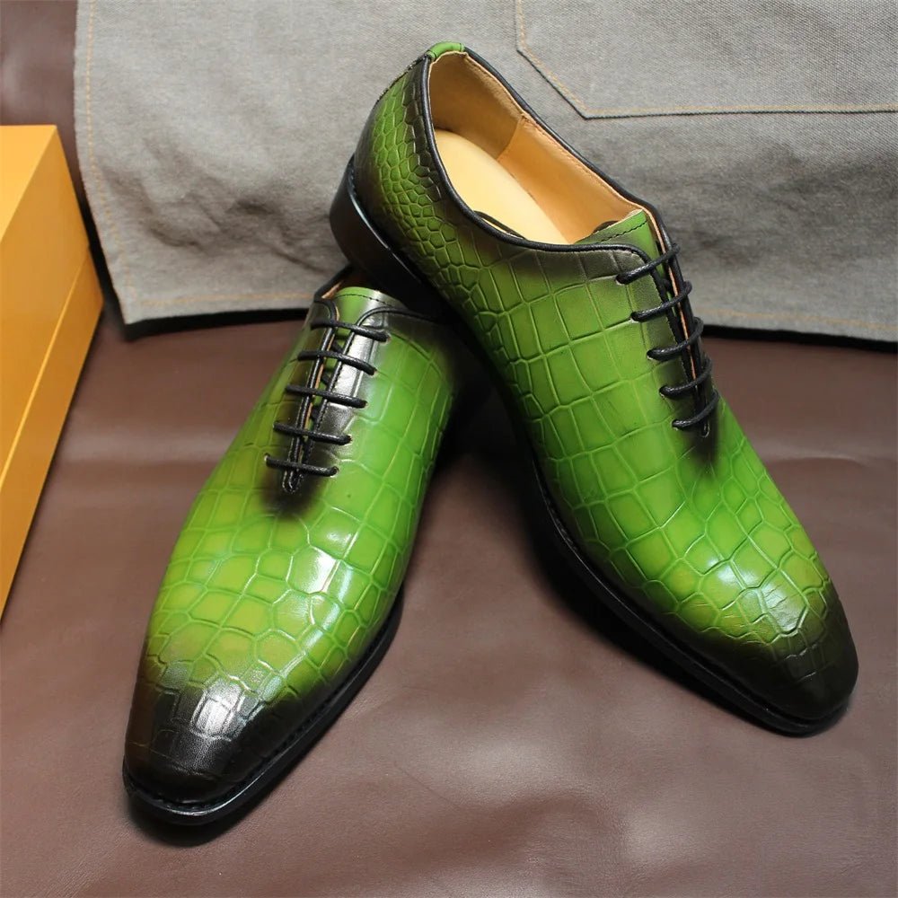 Men Genuine Cow Leather Green Dress Shoes Crocodile - Image 3