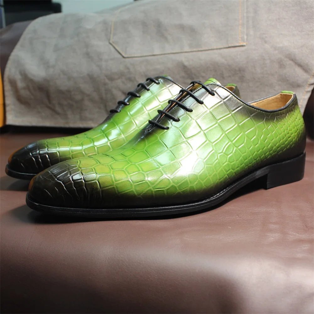 Men Genuine Cow Leather Green Dress Shoes Crocodile - Image 4