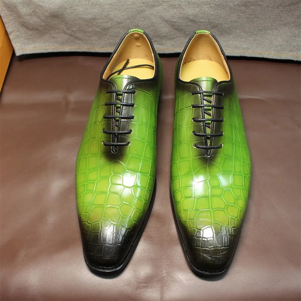 Men Genuine Cow Leather Green Dress Shoes Crocodile - Image 5