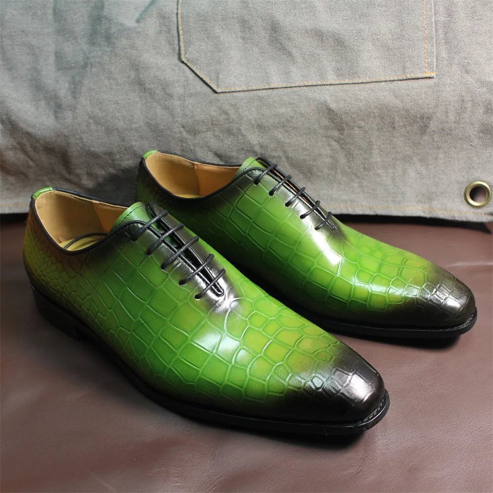 Men Genuine Cow Leather Green Dress Shoes Crocodile - Image 6