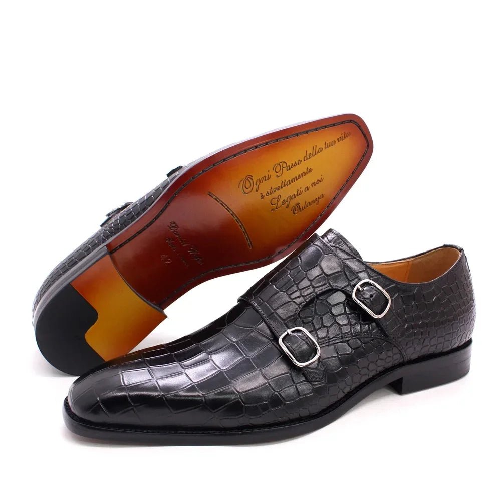 Genuine Leather Luxury Crocodile Print Double Buckle Pointed Toe - Image 4