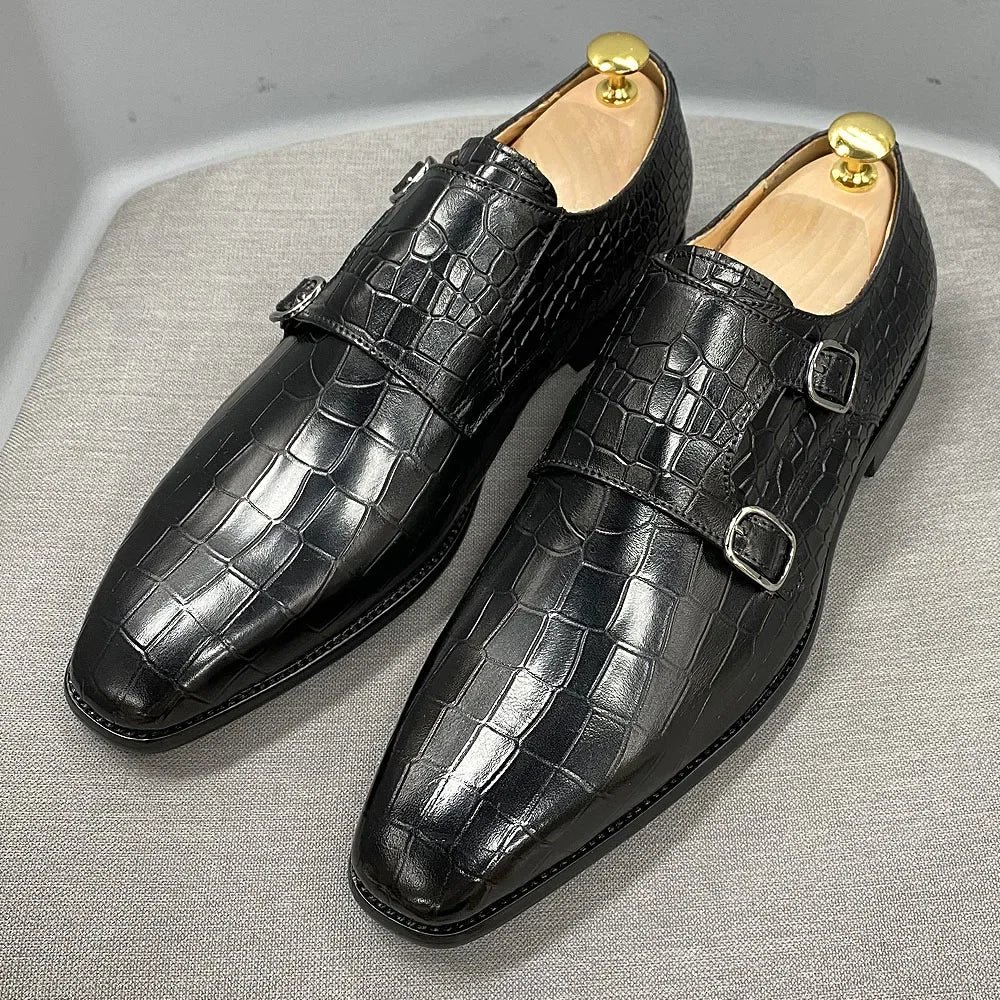Genuine Leather Luxury Crocodile Print Double Buckle Pointed Toe - Image 5