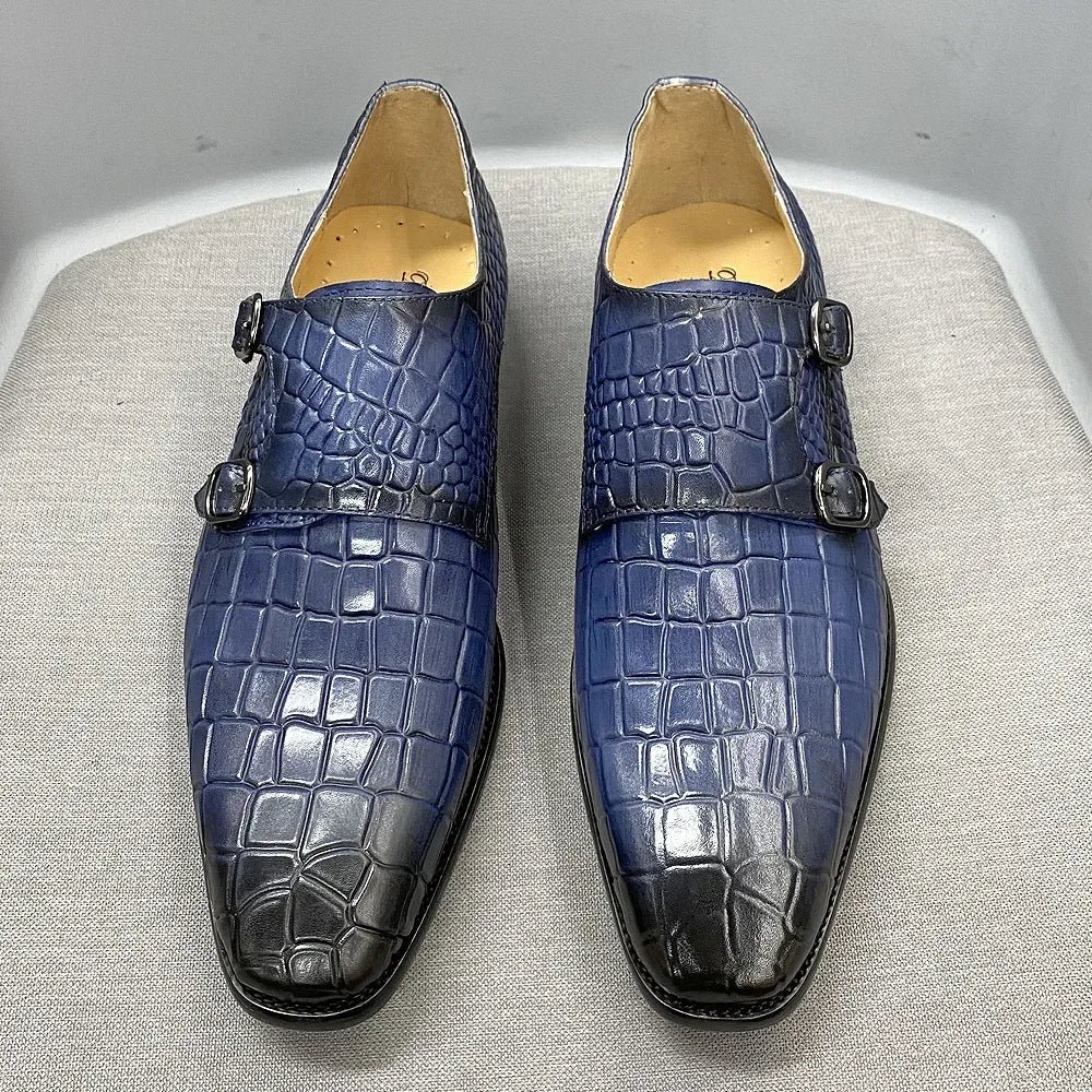 Genuine Leather Luxury Crocodile Print Double Buckle Pointed Toe - Image 7