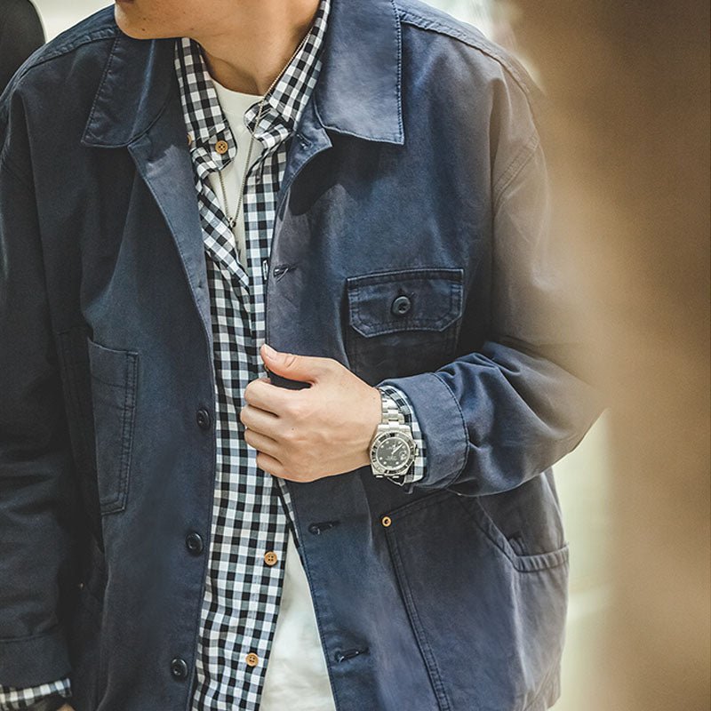 Men Jackets Cotton Navy Blue Washed Coat - Image 4
