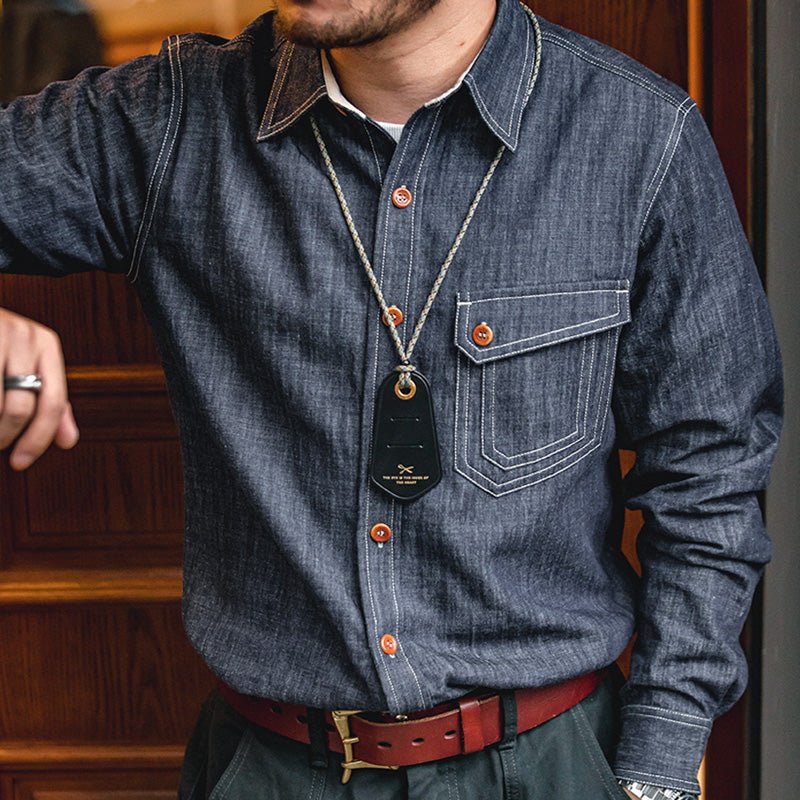 Men Jeans Indigo Washed Solid Work Shirt - Image 2