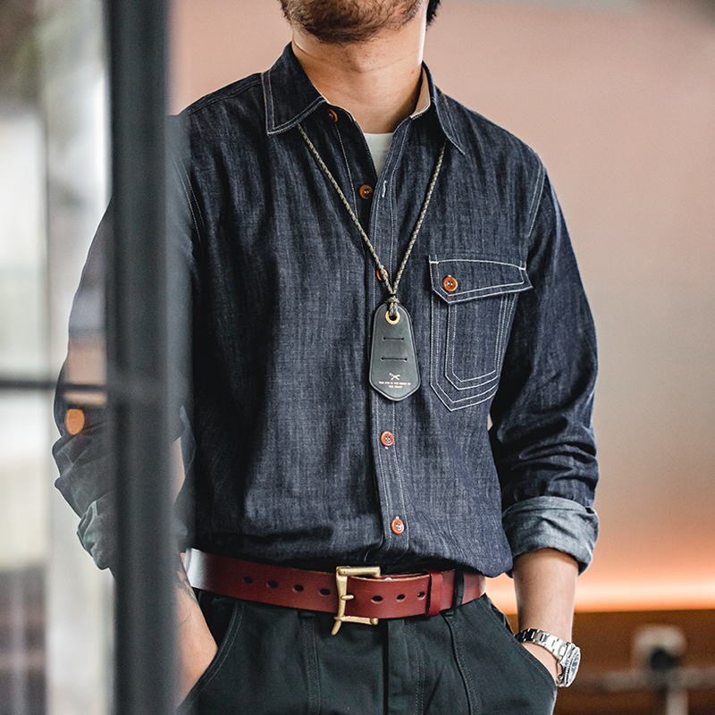Men Jeans Indigo Washed Solid Work Shirt - Image 5