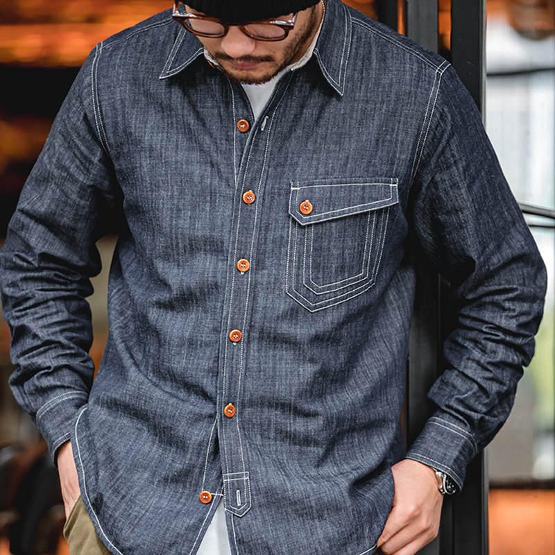 Men Jeans Indigo Washed Solid Work Shirt - Image 4