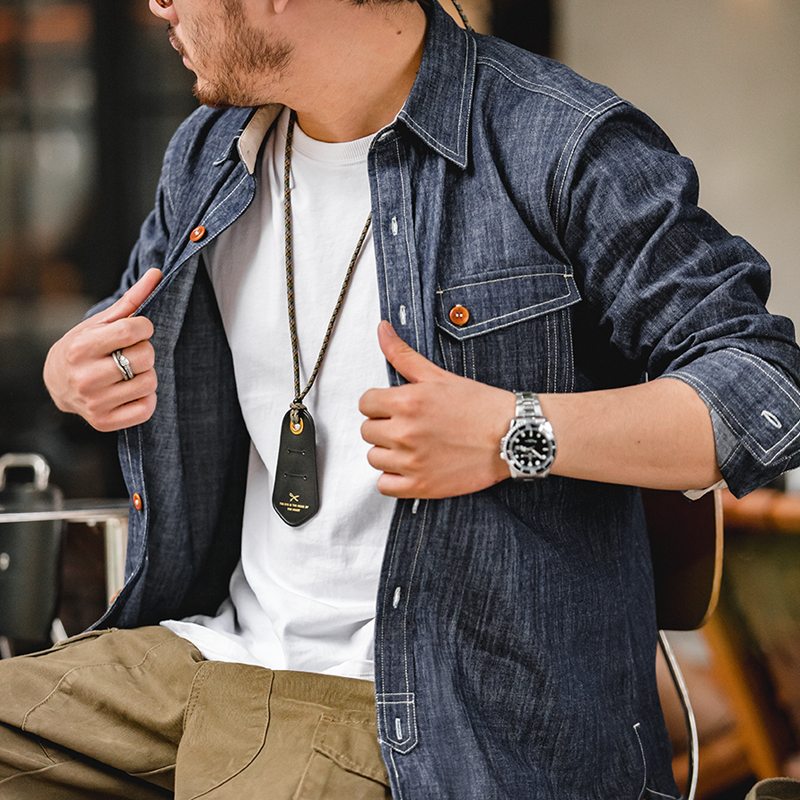 Men Jeans Indigo Washed Solid Work Shirt - Image 3