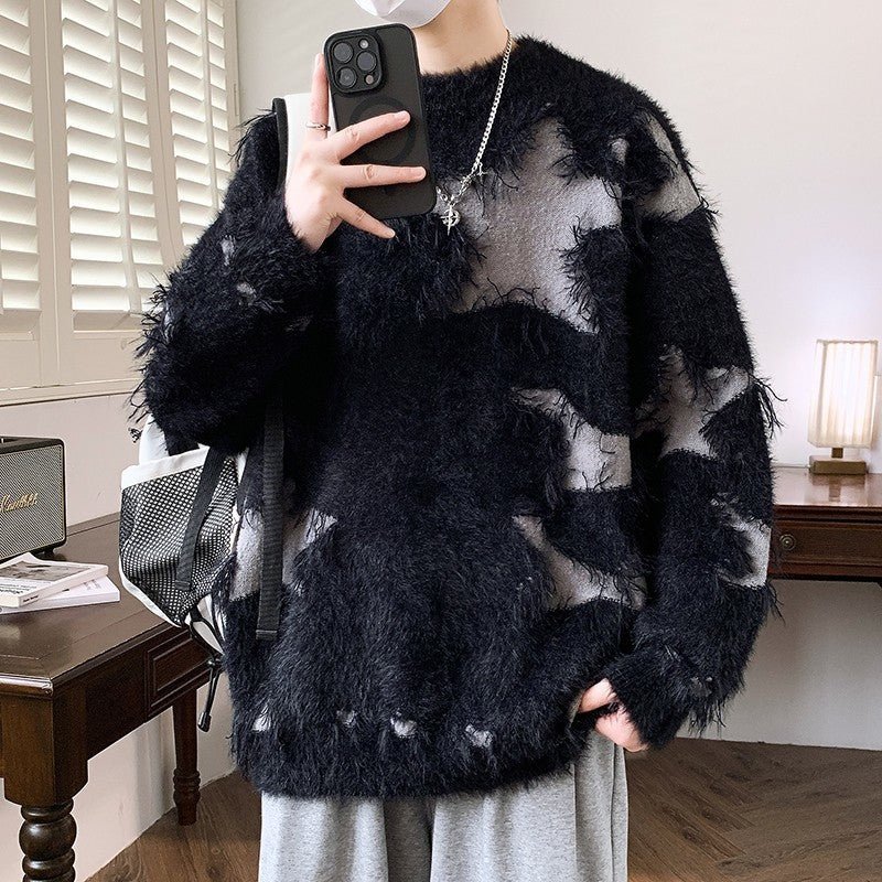 Ripped Sweater Men Loose Crew Neck Knit Bottom Shirt - Image 6