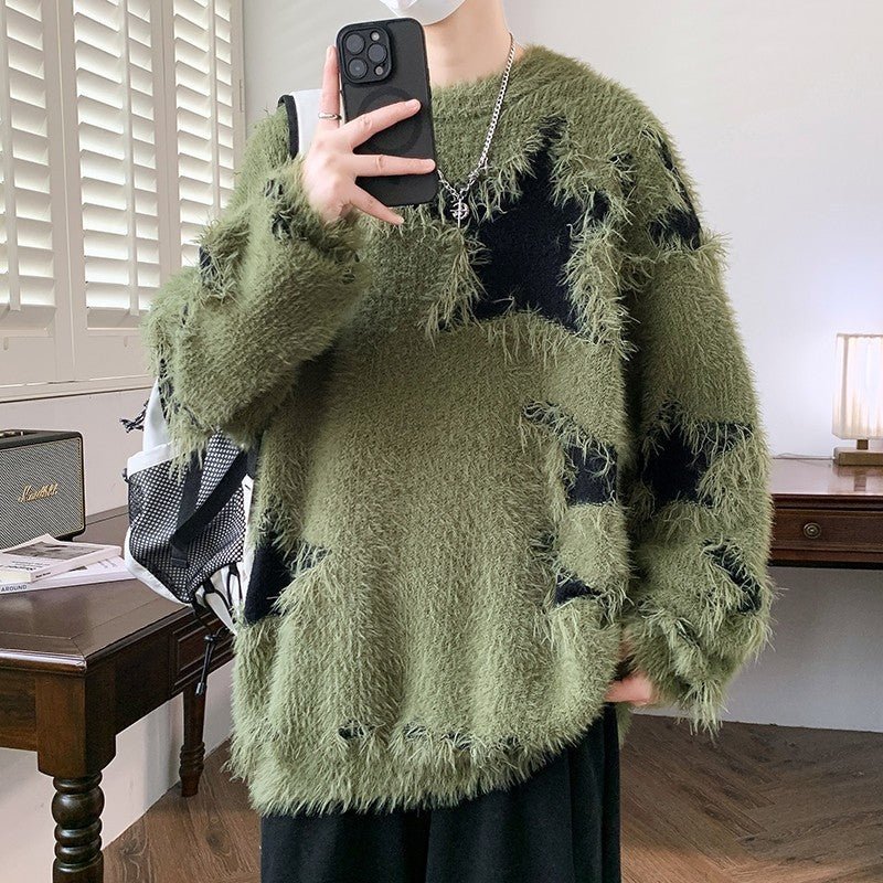 Ripped Sweater Men Loose Crew Neck Knit Bottom Shirt - Image 7